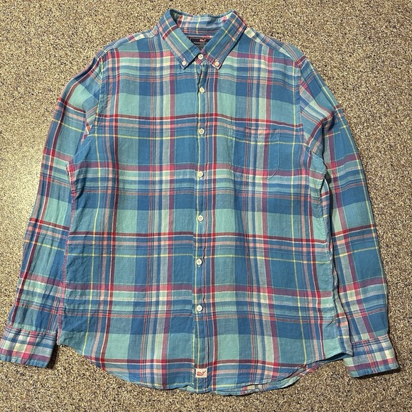 Vineyard Vines Shirt Mens L Slim Fit Murray Linen Plaid Blue Pink - Picture 2 of 8